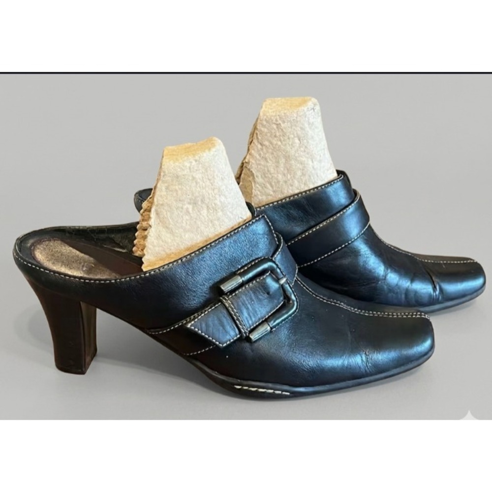 Aerosoles Snapezoid‎ Black Leather Heel Mules 9B Witchy Whimsical Neutral